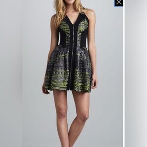 Robert Rodriguez Black and Green Jacquard Textured Dress